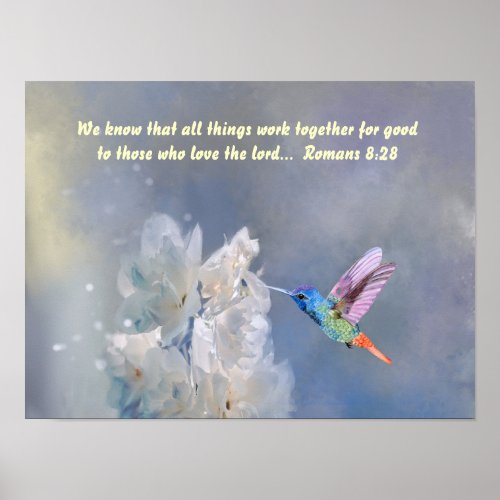 Inspirational Bible Romans 828 Quote Hummingbird Poster