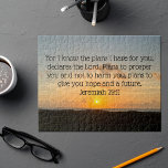 Inspirational Bible Verse Jeremiah 29:11 Sunrise Jigsaw Puzzle<br><div class="desc">For I know the plans I have for you, declares the Lord. Plans to prosper you and not to harm you, plans to give you hope and a future. Jeremiah 29:11 bible verse on a beautiful ocean sunrise photography gift. This inspirational quote puzzle features an uplifting biblical quotation and will...</div>