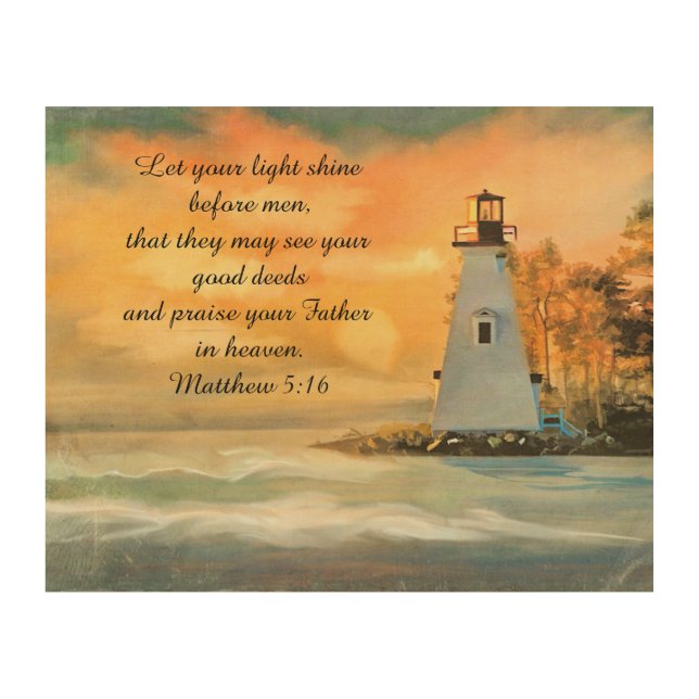 Inspirational Bible Verse Lighthouse Sunset Wood Wall Art (Front)