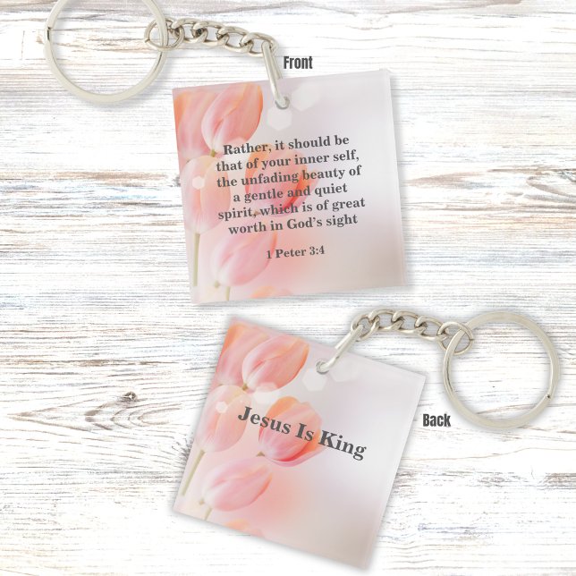 Inspirational Bible Verse with Pink Tulip Flowers Keychain (Creator Uploaded)