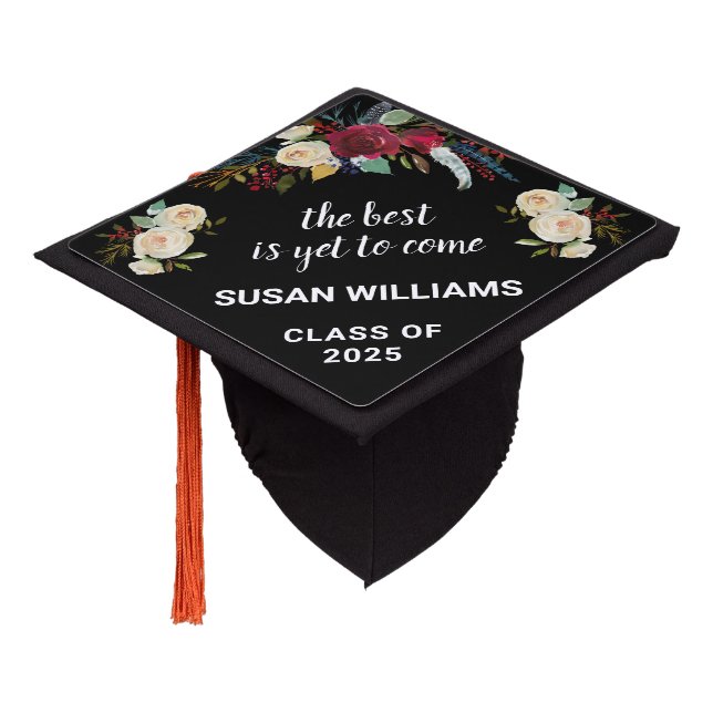 Inspirational Boho Burgundy Floral 2025 Graduation Cap Topper (Angled)
