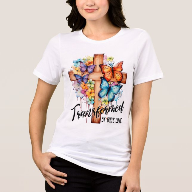 Inspirational Butterfly/Floral Cross Scripture Tri-Blend Shirt (Front)