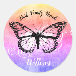 Inspirational Butterfly Rainbow Family Monogram Classic Round Sticker