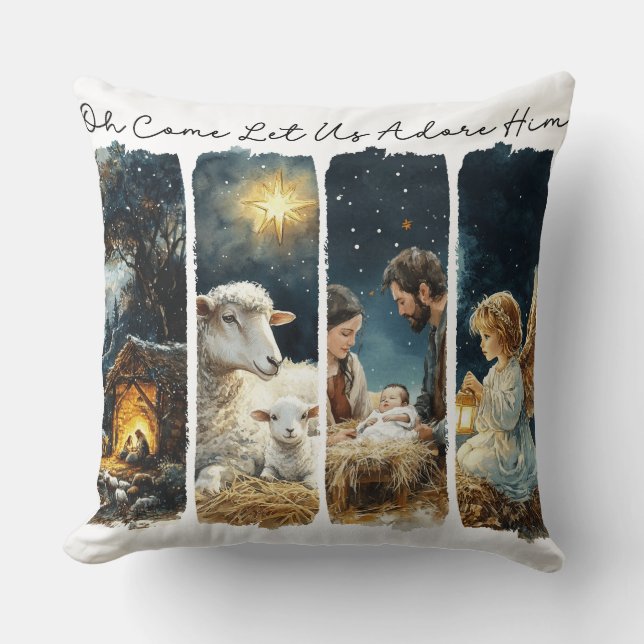 Inspirational Christian Let Us Adore Him Throw Pillow (Front)