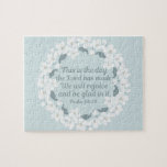 Inspirational Christian Psalm 118:24 Rejoice Jigsaw Puzzle<br><div class="desc">This is the day the Lord has made. We will rejoice and be glad in it. Psalm 118:24. Inspirational Christian reminder to be thankful for life and grateful for all that God has given us. Beautiful white flowers in a pretty cherry blossom wreath.</div>
