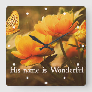 Inspirational Christian Quote: His Name is Square Wall Clock