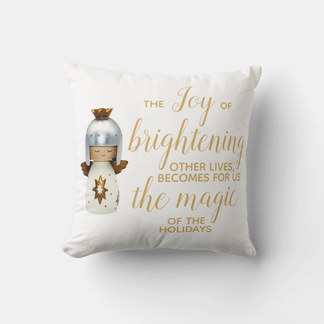 Inspirational Christmas quote w/ angel & gold text Throw Pillow (Front)