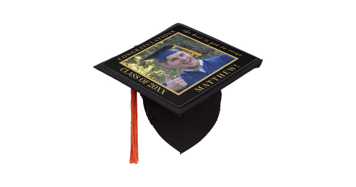 Inspirational Class of 2025 Photo Black Gold Graduation Cap Topper | Zazzle