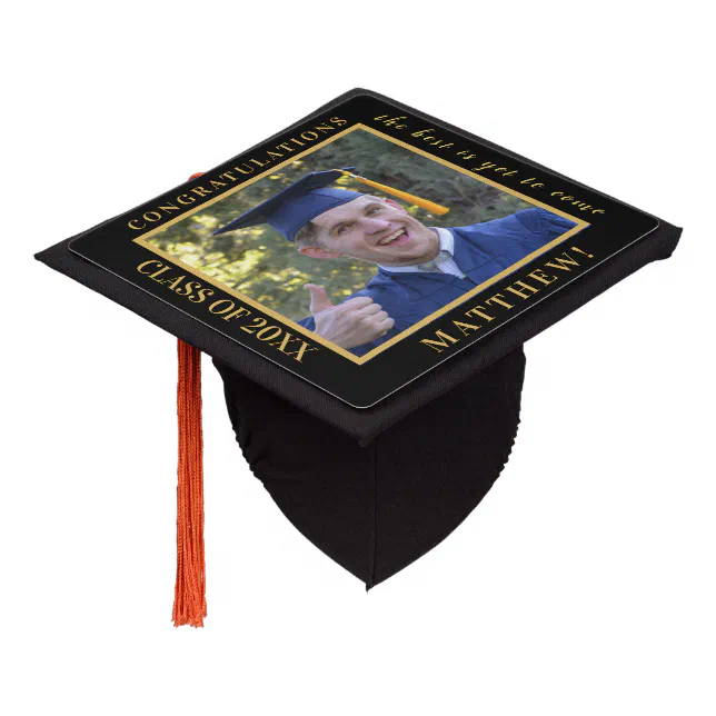 Inspirational Class of 2025 Photo Black Gold Graduation Cap Topper | Zazzle
