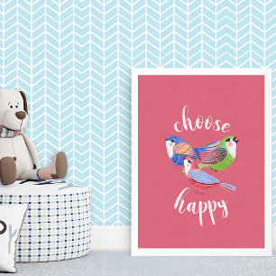 Inspirational Cute Watercolor Happiness Birds Art Poster