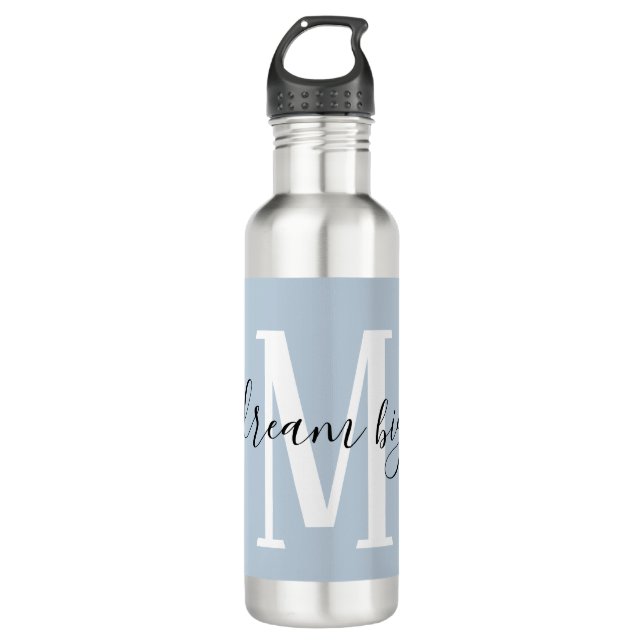 Inspirational Dream Big Monogram Dusty Blue Stainless Steel Water Bottle (Front)