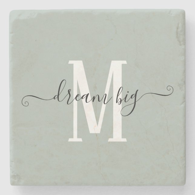 Inspirational Dream Big Monogram Initial Sage Stone Coaster (Front)