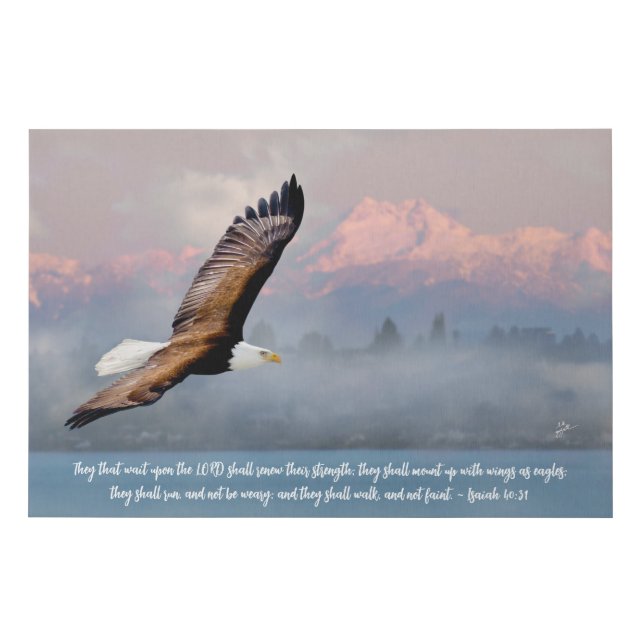 Inspirational Eagle Over Olympic Mtns. Bible Verse Faux Canvas Print (Front)