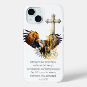 Inspirational Faith Eagle Gold Sword Beige Cross iPhone 15 Case