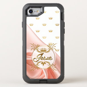 Inspirational Faith Pink Satin Gold Crown Jesus OtterBox Defender iPhone SE/8/7 Case