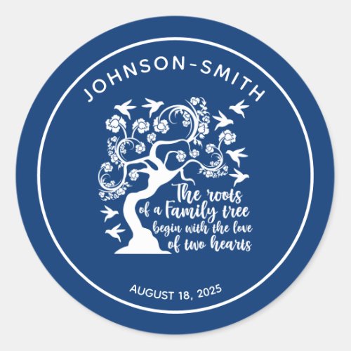 Inspirational Family Reunion Quote Tree Navy Blue  Classic Round Sticker