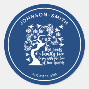 Inspirational Family Reunion Quote Tree Navy Blue  Classic Round Sticker