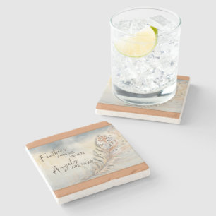 Inspirational Feather & Angel Quote Watercolor Stone Coaster