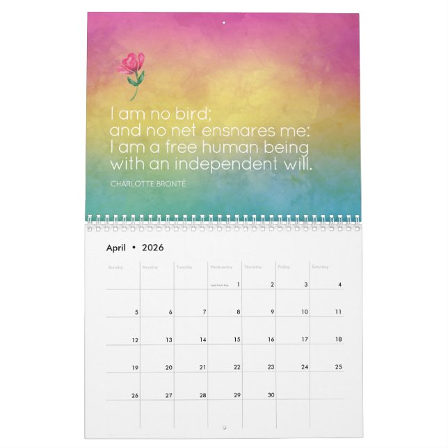 Inspirational Feminist Quote Watercolor Art Calendar (Apr 2026)