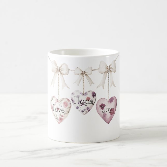 Inspirational Floral Love Hope Joy Heart Bow Coffee Mug (Center)