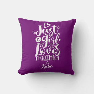 Inspirational Girl Triathlon Purple Modern Script Throw Pillow