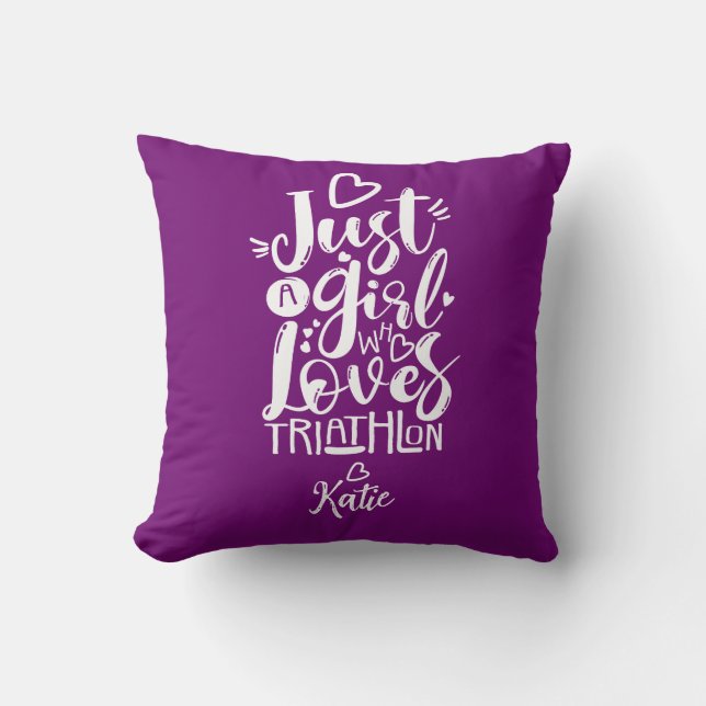 Inspirational Girl Triathlon Purple Modern Script Throw Pillow (Front)