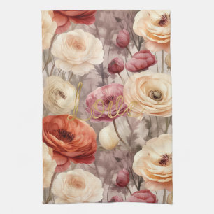 Inspirational gold love burgundy cream floral kitchen towel