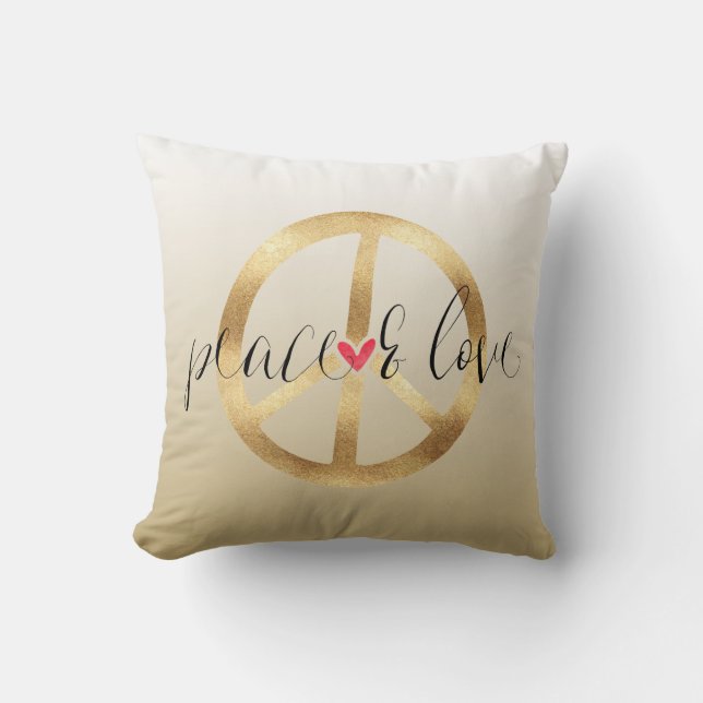 Inspirational Gold Peace Sign Heart Throw Pillow (Front)
