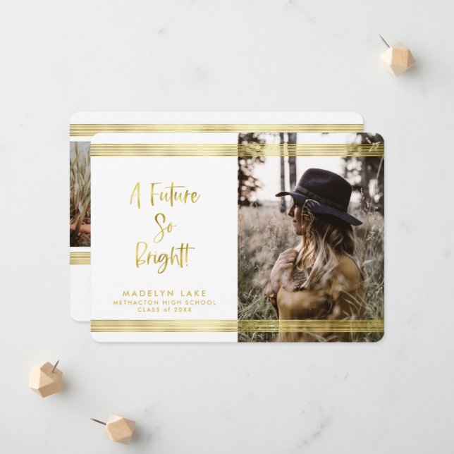 Inspirational Gold Stripe Photo Graduation Announcement (Front/Back In Situ)
