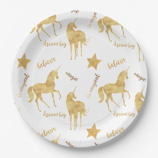 Inspirational Gold Unicorns Stars    Paper Plates (Front)