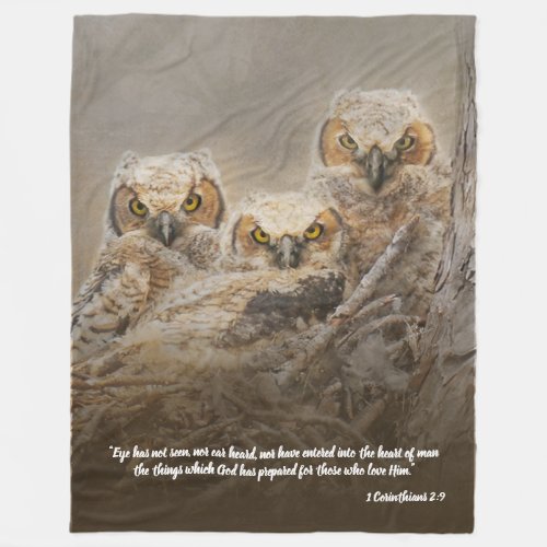 Inspirational Great Horned Owlets Eyes Scripture Fleece Blanket