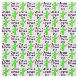 INSPIRATIONAL GREEN CROSS JESUS LOVES ME FABRIC