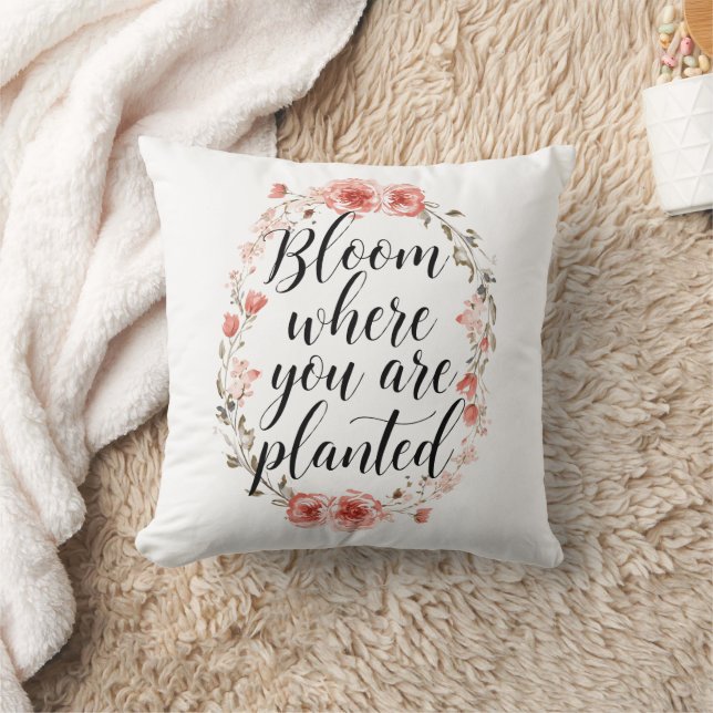 Inspirational Growth Quote with Pink Flowers Throw Pillow (Blanket)