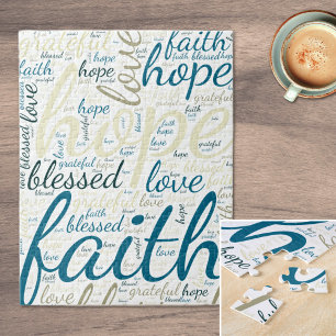Inspirational Hope and Faith Text in Blues, Tans Jigsaw Puzzle
