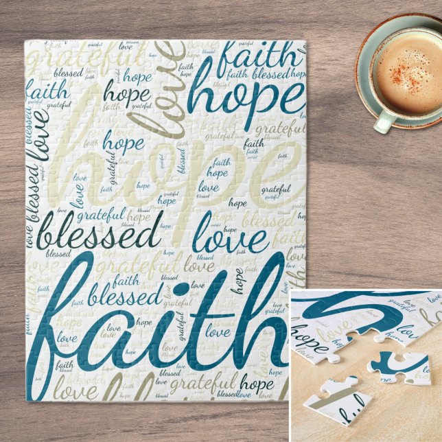 Inspirational Hope and Faith Text in Blues, Tans Jigsaw Puzzle (Inspirational Hope and Faith Text Blue and Tan Jigsaw Puzzle)