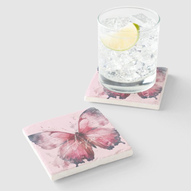 Inspirational Hope Pink Butterfly Stone Coaster (Side)