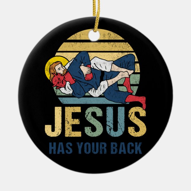 Inspirational Jesus Has Your Back Jiu Jitsu Retro  Ceramic Ornament (Front)