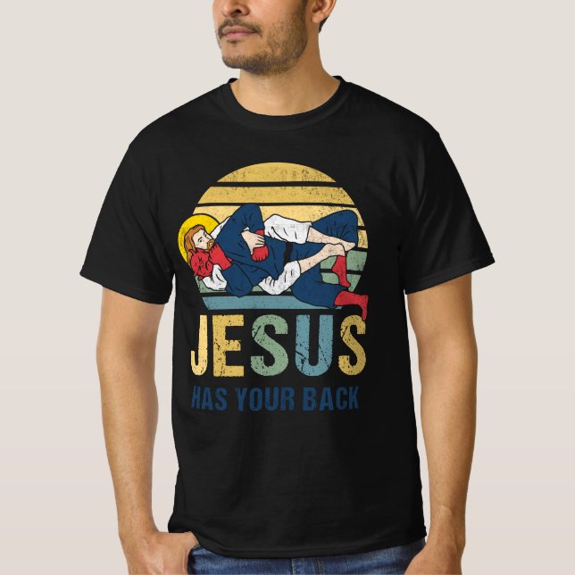 Inspirational Jesus Has Your Back Jiu Jitsu Retro  T-Shirt (Front)