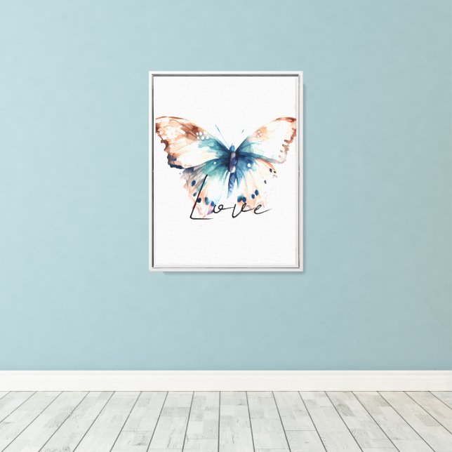 Inspirational Love Aqua Blue Butterfly Canvas Print (Insitu(Wood Floor))