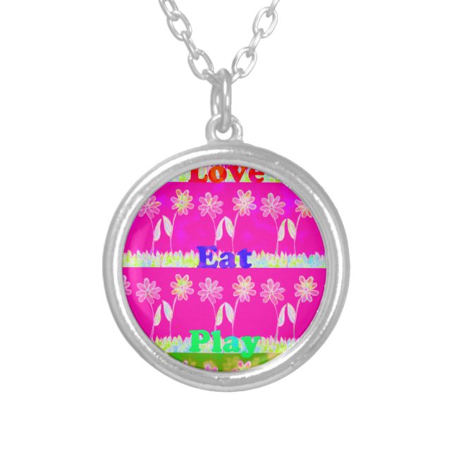 Inspirational Love Eat Play Flower Design Silver Plated Necklace (Front)