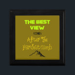 Inspirational Motivating Hiking Quote Typography Keepsake Box<br><div class="desc">Inspirational quote with interesting typography and a little mountain illustration at the bottom. Quote reads: the best view comes after the hardest climb. Spiritual,  mystical wise words to give motivation and encouragement to seekers,  philosophers,  deep thinkers and those overcoming challenges. Would also appeal to hikers and mountain climbers.</div>