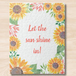 Inspirational Motivational Sunflower  Jigsaw Puzzle<br><div class="desc">Let the Sun Shine In!
Pretty,  cheerful sunflowers inspirational jigsaw puzzle.
Decorated with an original watercolor of sunflowers and foliage in shades of yellow,  green and coral.
You can customize this poster by changing the words if you wish.
Original Watercolor © Michele Davies</div>