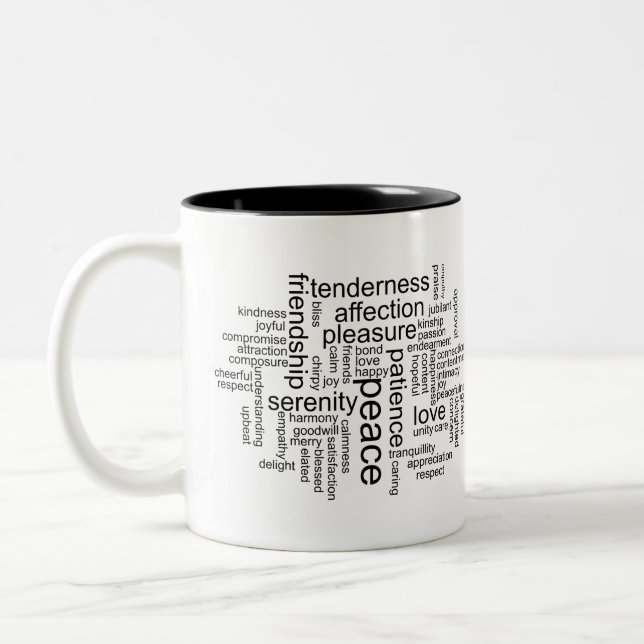 Inspirational Peace and Love Word Cloud Two-Tone Coffee Mug (Left)