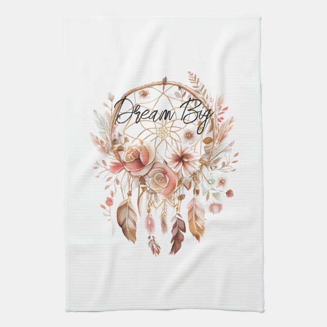 Inspirational Pink Dream Catcher Boho Floral Kitchen Towel (Vertical)