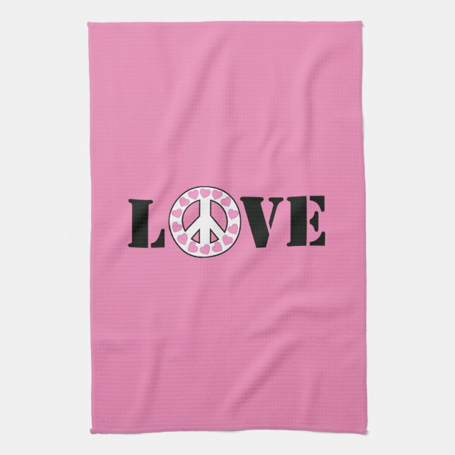Inspirational Pink Love Peace Hearts Kitchen Towel (Vertical)