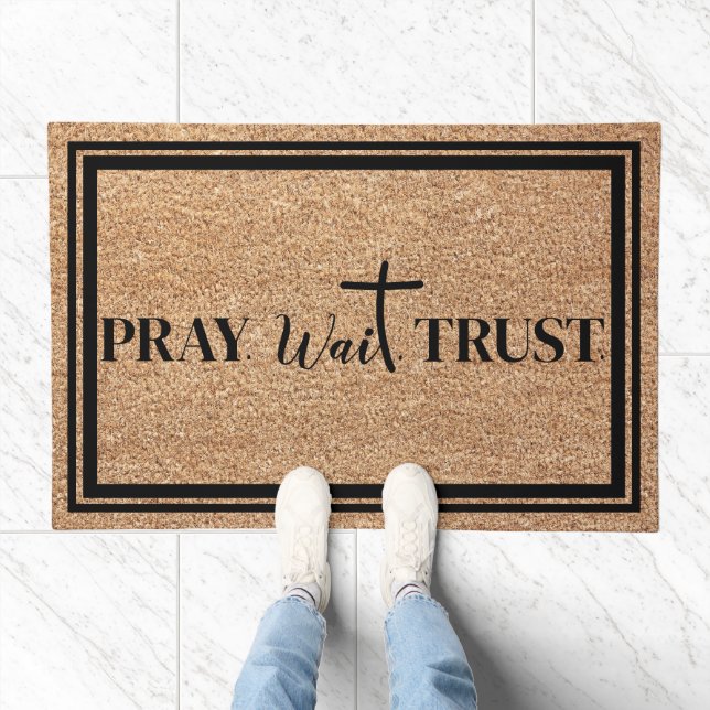 Inspirational Pray Wait Trust Faux Coir Text Doormat (Indoor)