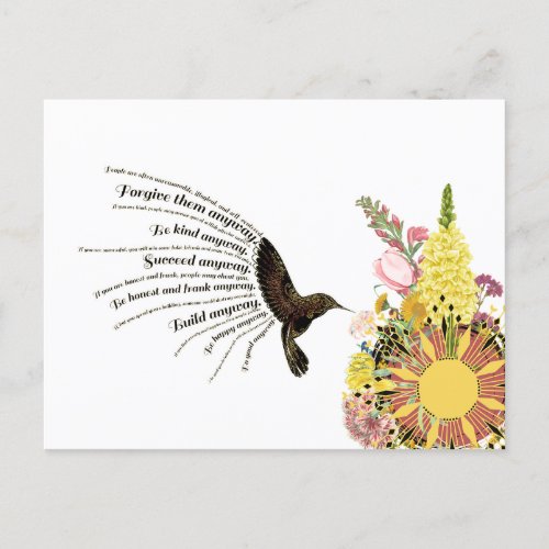 Inspirational prayer hummingbird sun and flowers postcard