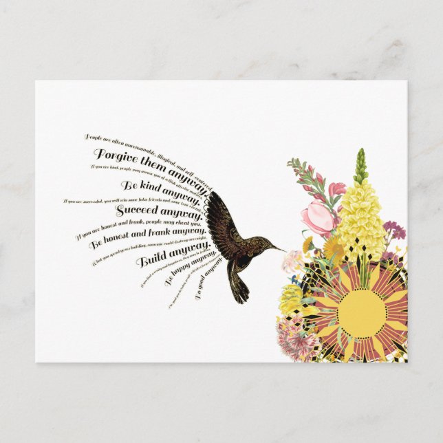 Inspirational prayer hummingbird, sun and flowers postcard (Front)