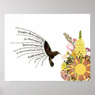 Inspirational prayer hummingbird, sun and flowers poster