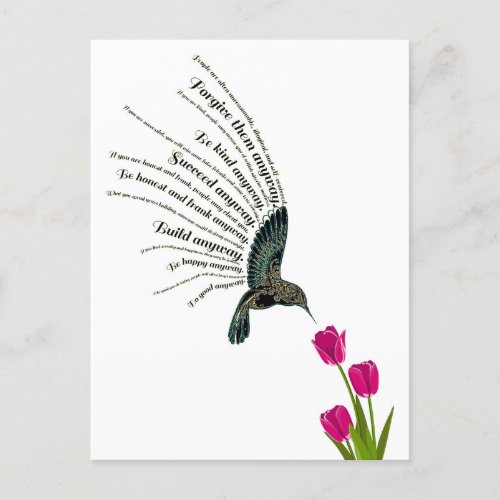 Inspirational prayer hummingbird tulips postcard